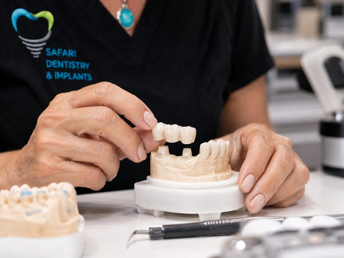 Dental model and instruments on the bench at Safari Dentistry and Implants