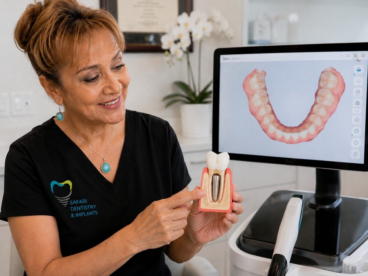 Clinician holding an implant model next to a 3D scan at Safari Dentistry and Implants