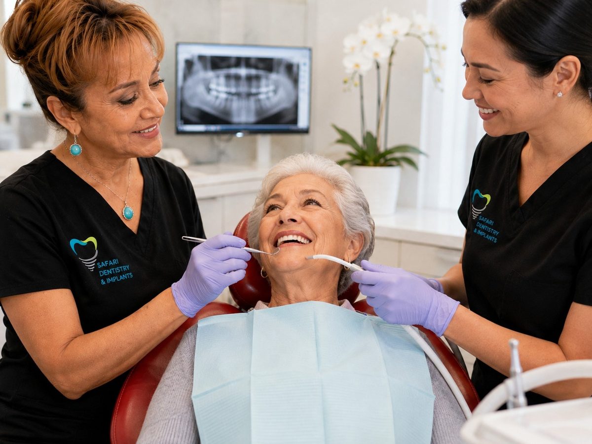 Two Safari Dentistry team members with a patient during a routine visit